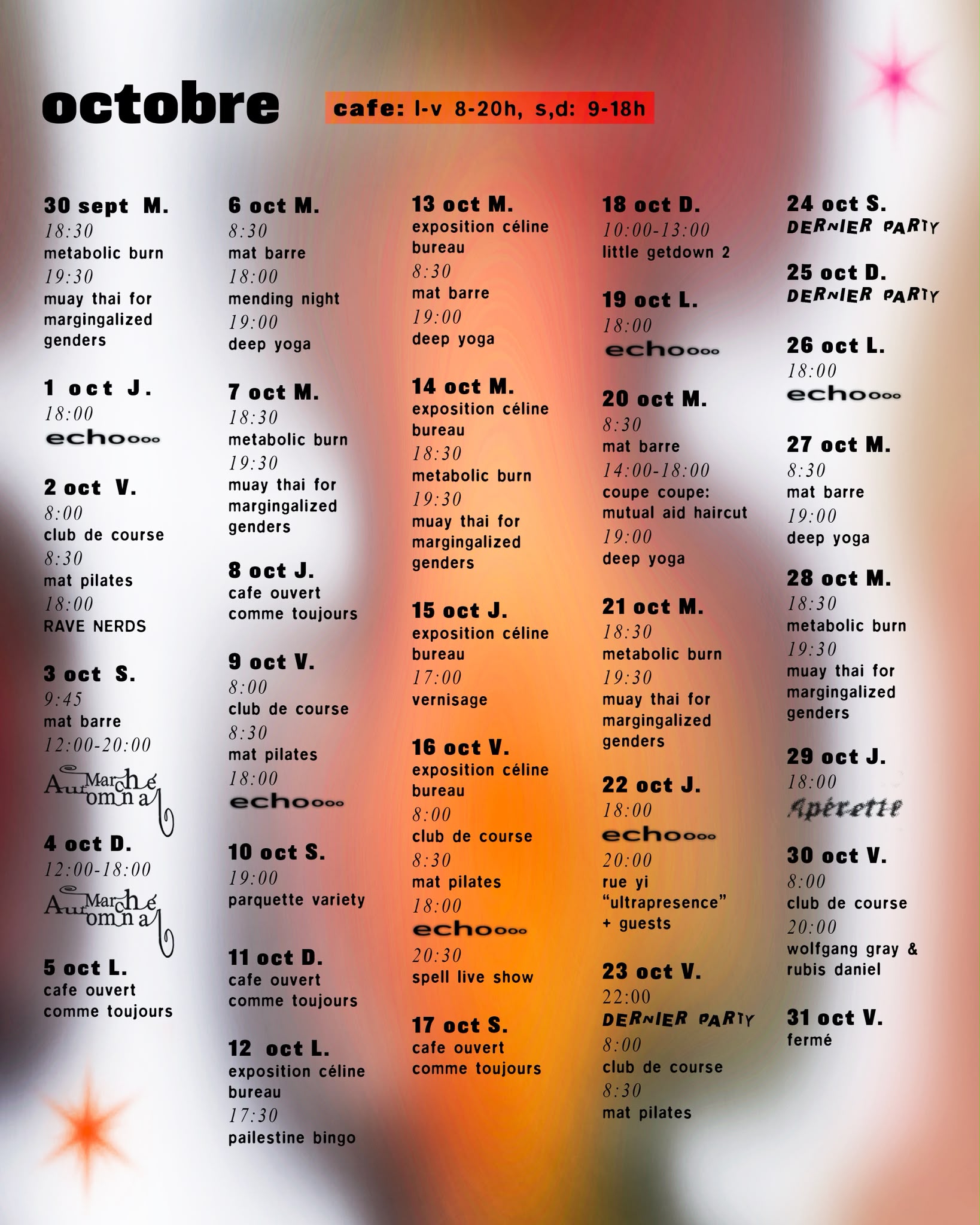 Calendrier des cours et événements de Parquette